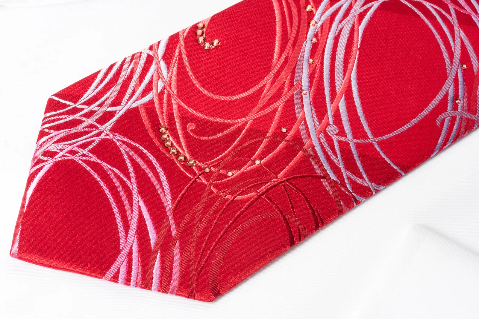 Lancetti Silk Necktie Spirals On Red With Rhinestones