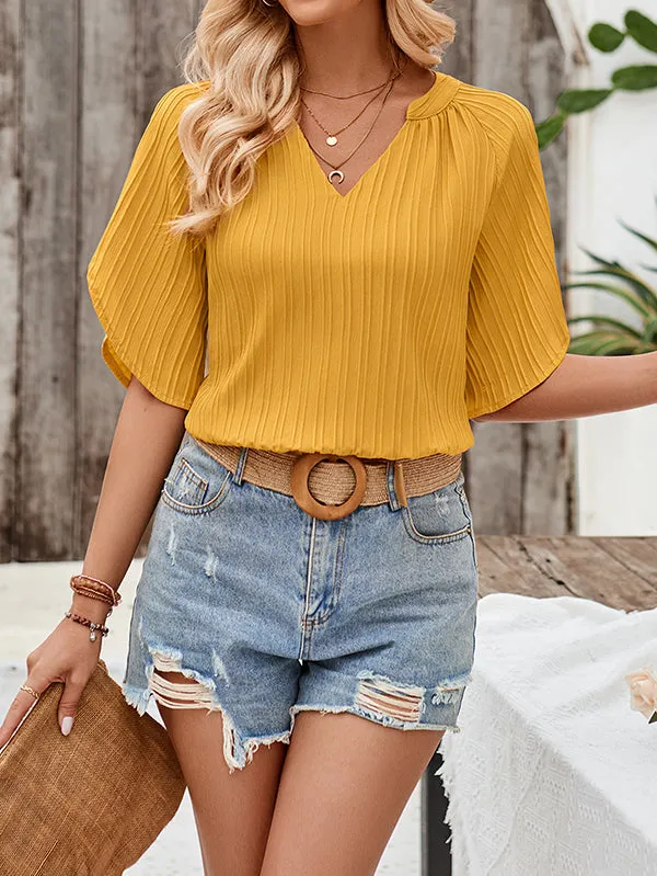 Loose Short Sleeves Hollow Pleated Solid Color V-Neck T-Shirts Tops