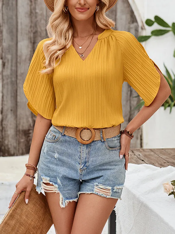 Loose Short Sleeves Hollow Pleated Solid Color V-Neck T-Shirts Tops