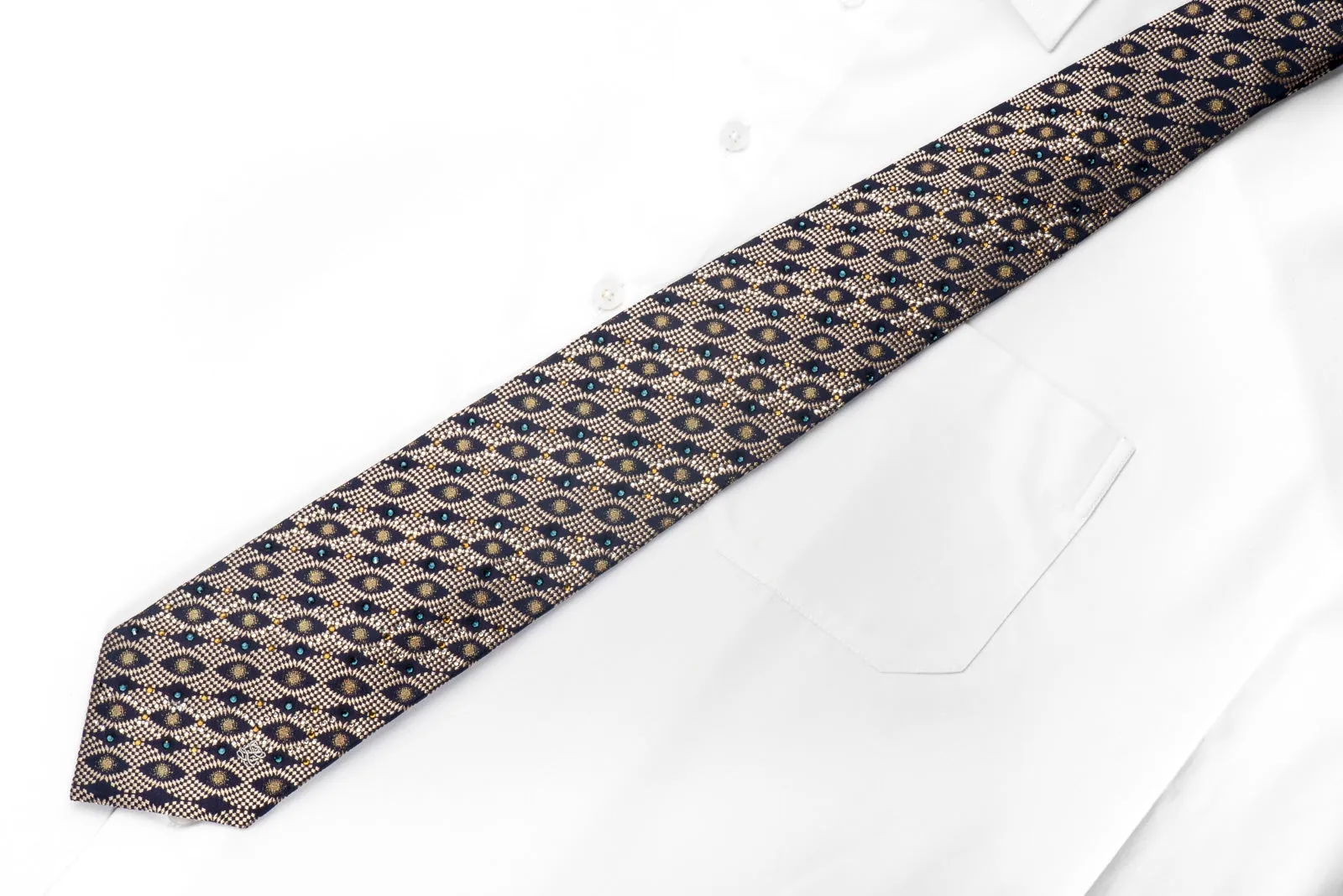 Louis Quatorze Men's Crystal Necktie Golden Geometric On Navy Silk with Gold Sparkle