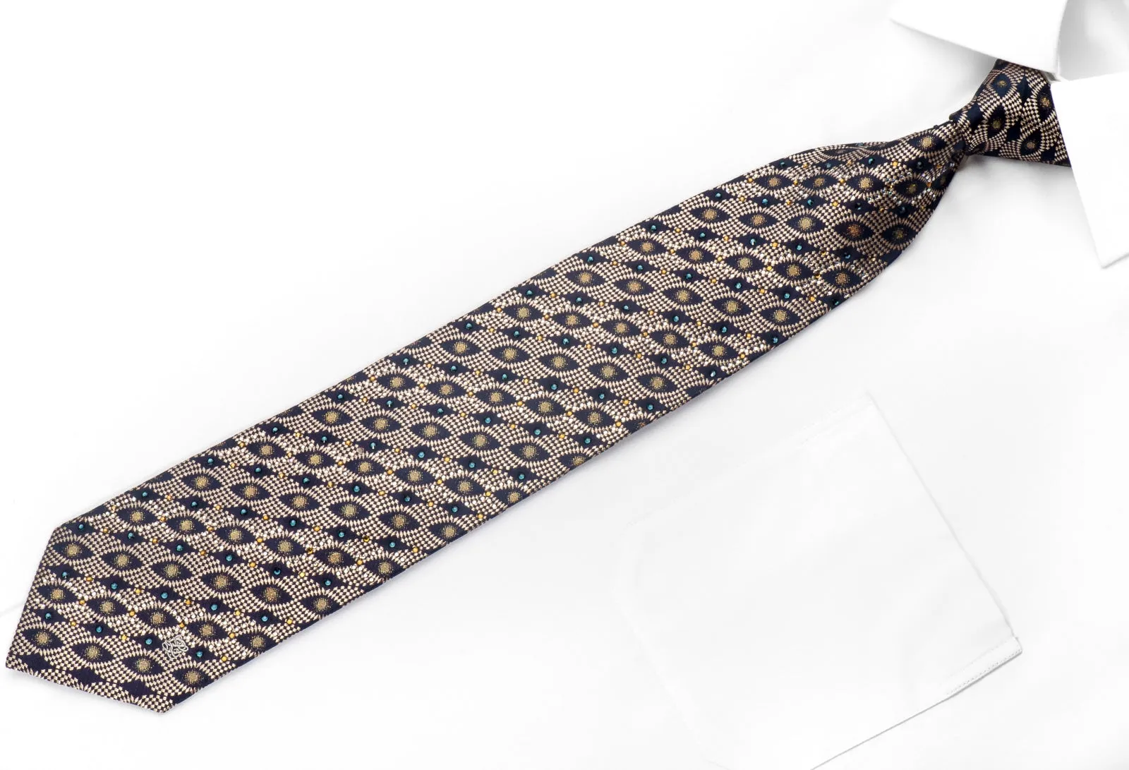 Louis Quatorze Men's Crystal Necktie Golden Geometric On Navy Silk with Gold Sparkle