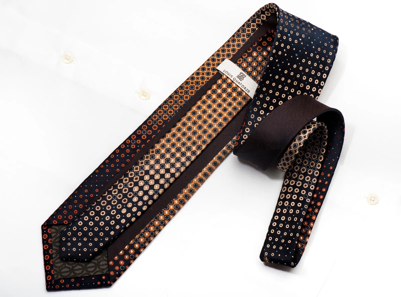 Louis Quatorze Men's Silk Tie Orange Dots On Navy Blue Sparkling With Rhinestones