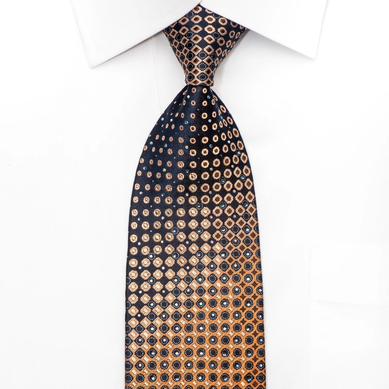 Louis Quatorze Men's Silk Tie Orange Dots On Navy Blue Sparkling With Rhinestones