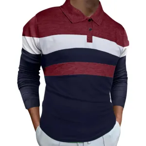 Men's Casual Patchwork Polo Long Sleeve Button-Down Shirt