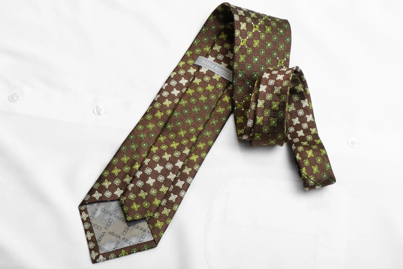 Men's Silk Tie Green Foulard On Brown Sparkling With Rhinestones