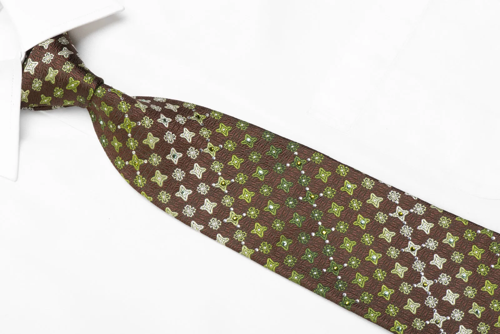 Men's Silk Tie Green Foulard On Brown Sparkling With Rhinestones