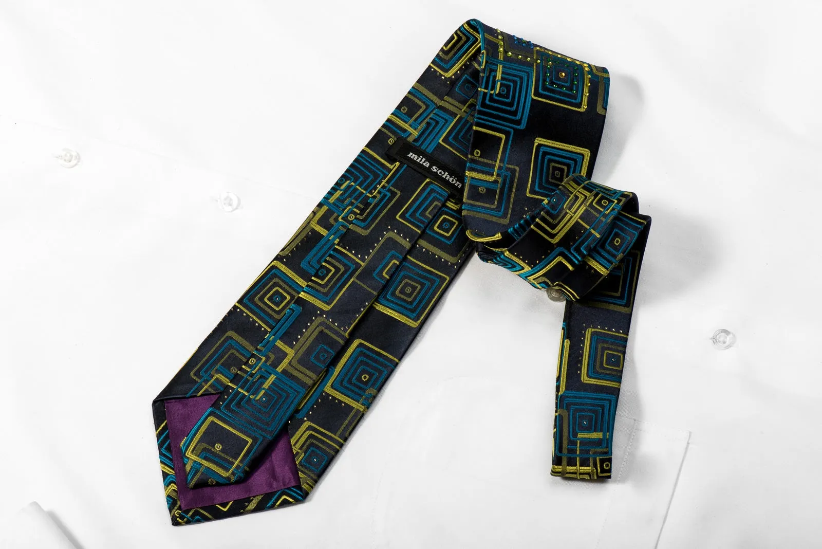 Mila Schon Men's Crystal Silk Necktie Retro Green Blue Geometric Design On Navy