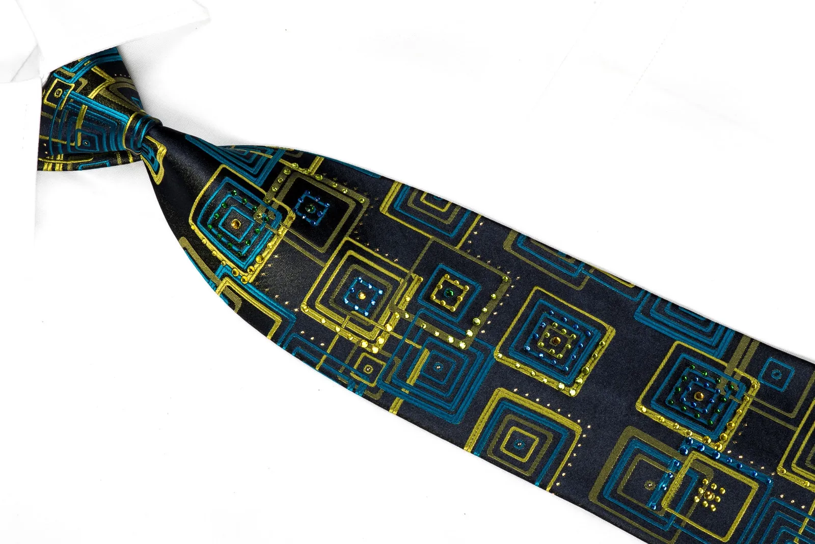 Mila Schon Men's Crystal Silk Necktie Retro Green Blue Geometric Design On Navy