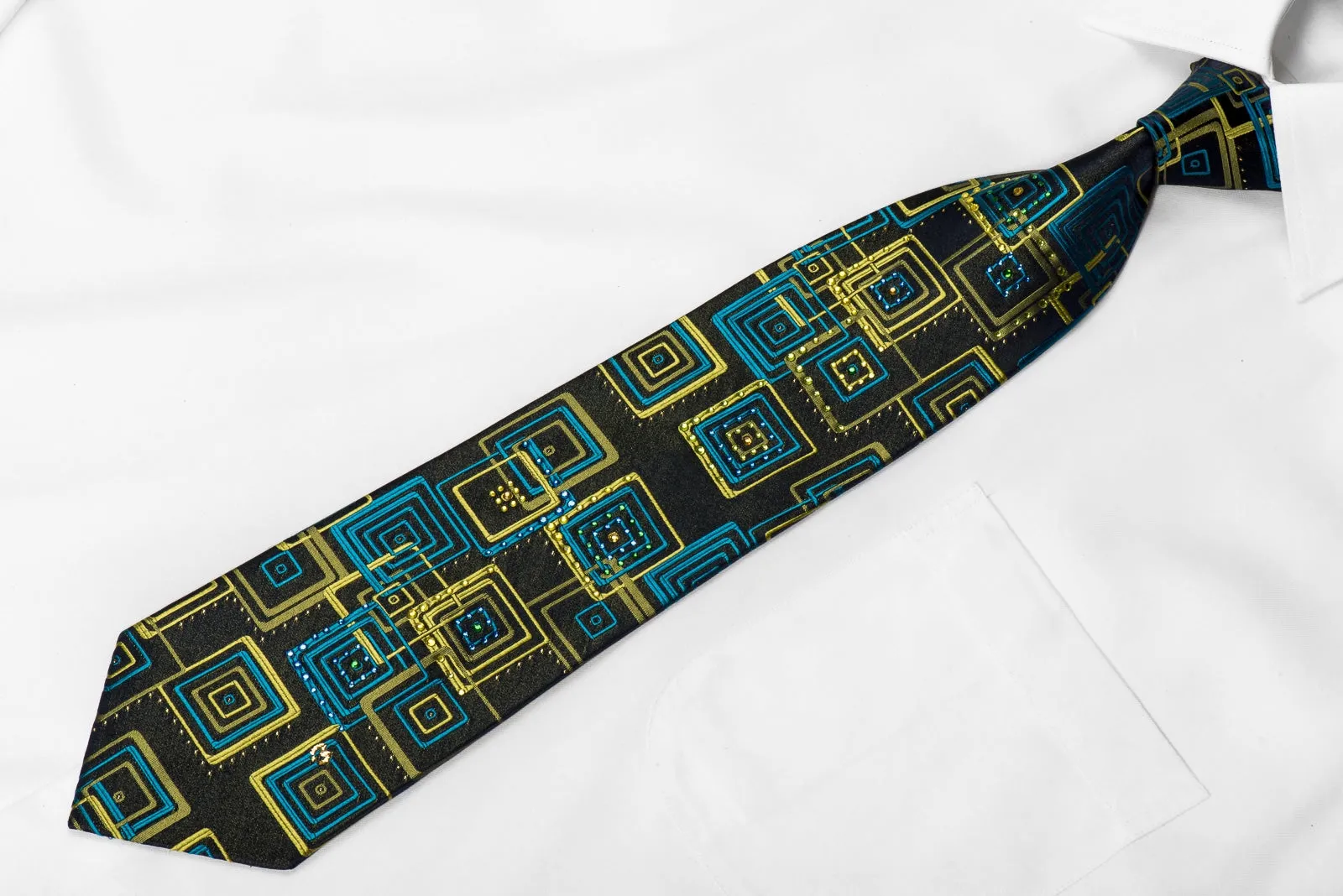 Mila Schon Men's Crystal Silk Necktie Retro Green Blue Geometric Design On Navy