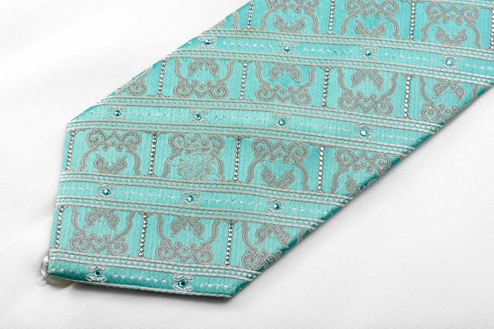 Nina Ricci Men's Crystal Rhinestone Tie White Silver Striped Cartouche On Pale Blue With Sparkles