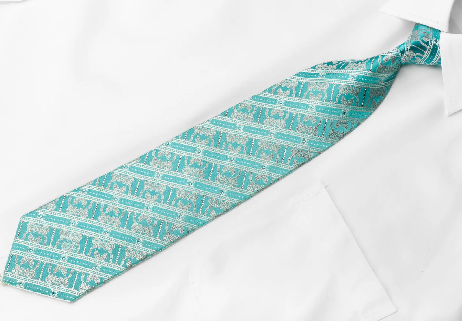 Nina Ricci Men's Crystal Rhinestone Tie White Silver Striped Cartouche On Pale Blue With Sparkles