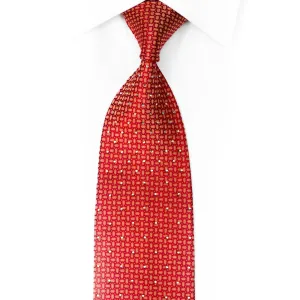 Orange Silver Geometric On Red Rhinestone Silk Necktie