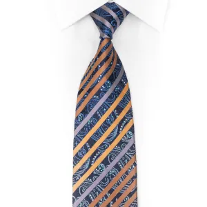 Orange Striped On Blue Paisley Rhinestone Silk Necktie With Blue Sparkles