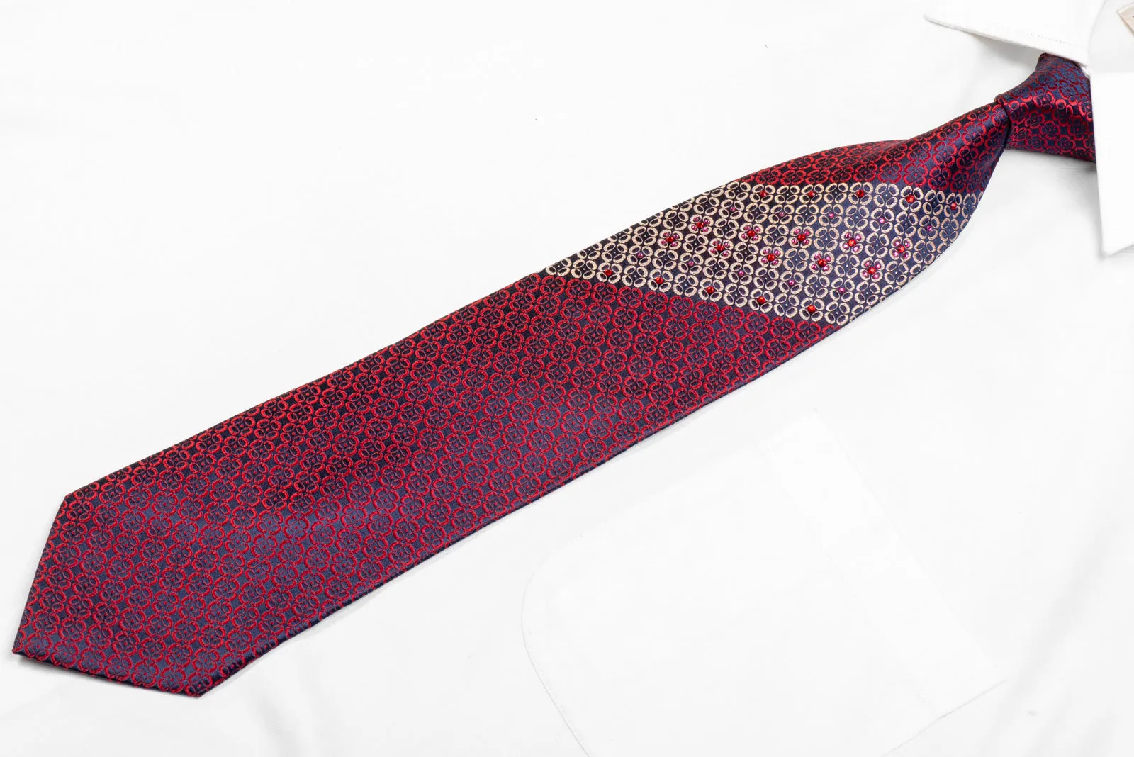 Ornate Red Silver Pattern On Navy Rhinestone Tie With Silver Sparkles