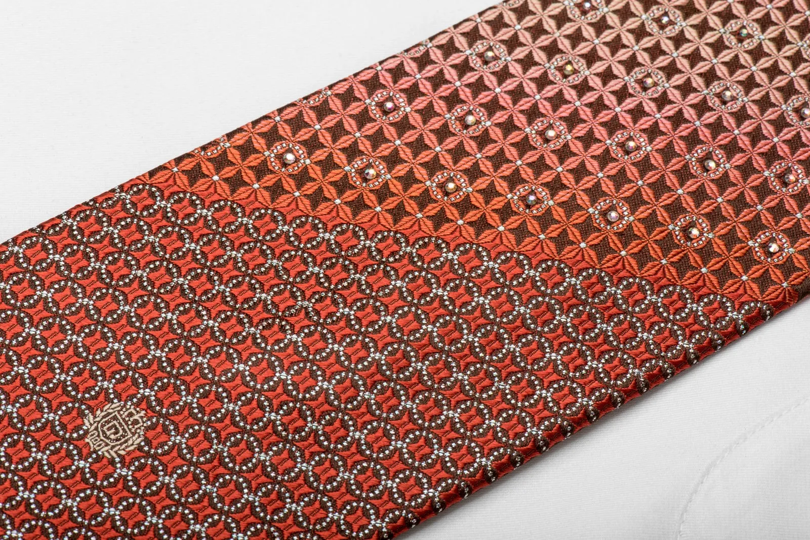 Paco Rabanne Men's Crystal Silk Tie Orange Geometric On Brown With Silver Sparkles