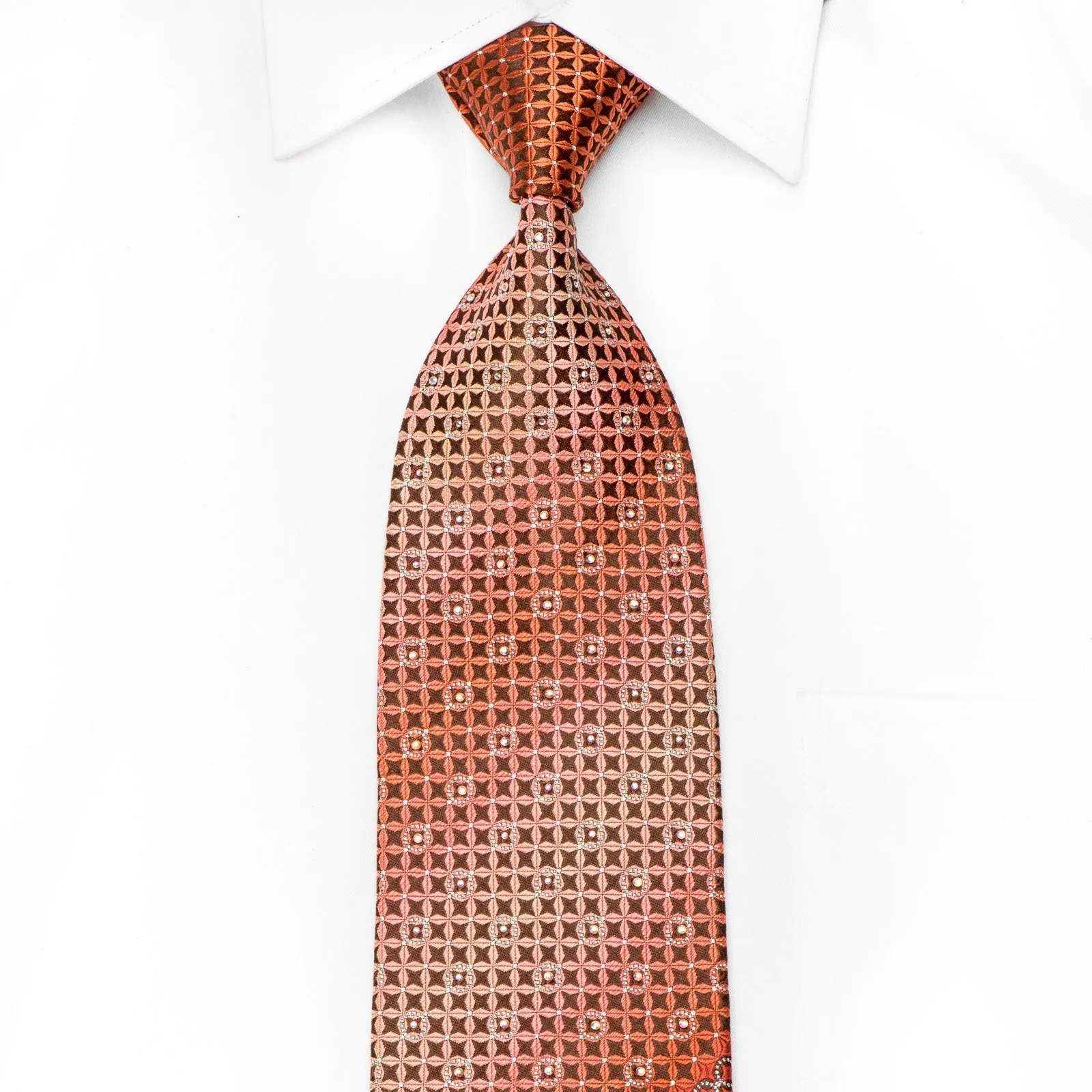 Paco Rabanne Men's Crystal Silk Tie Orange Geometric On Brown With Silver Sparkles