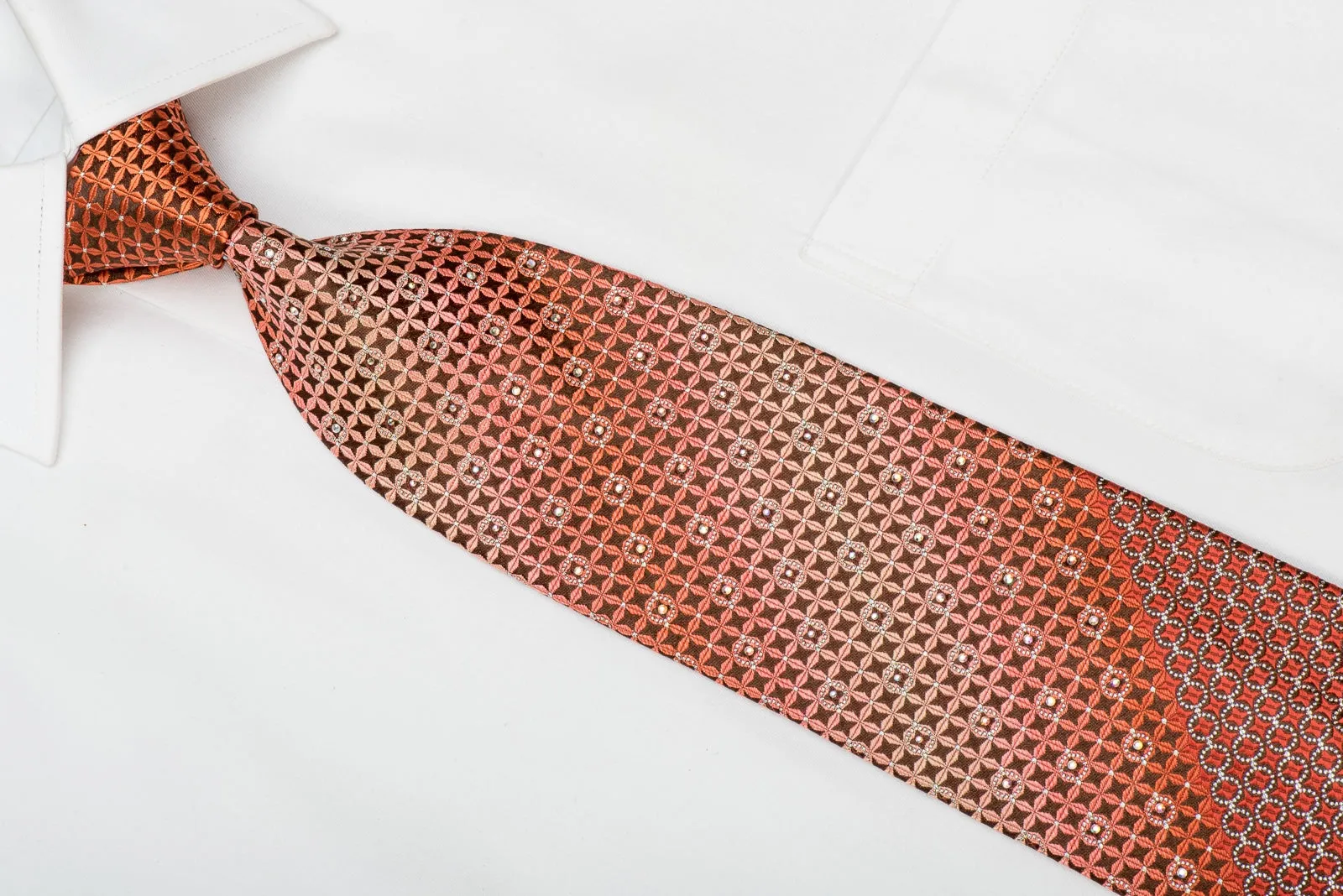 Paco Rabanne Men's Crystal Silk Tie Orange Geometric On Brown With Silver Sparkles