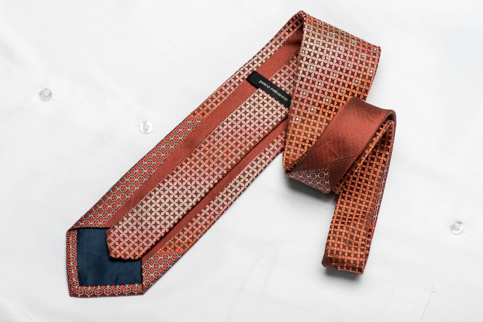 Paco Rabanne Men's Crystal Silk Tie Orange Geometric On Brown With Silver Sparkles