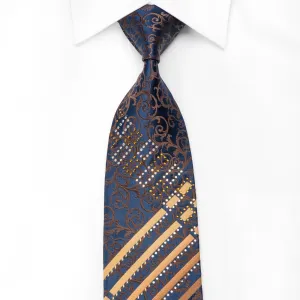 Perry Ellis Men's Crystal Silk Tie Brown Acanthus & Stripes On Navy With Gold Sparkles