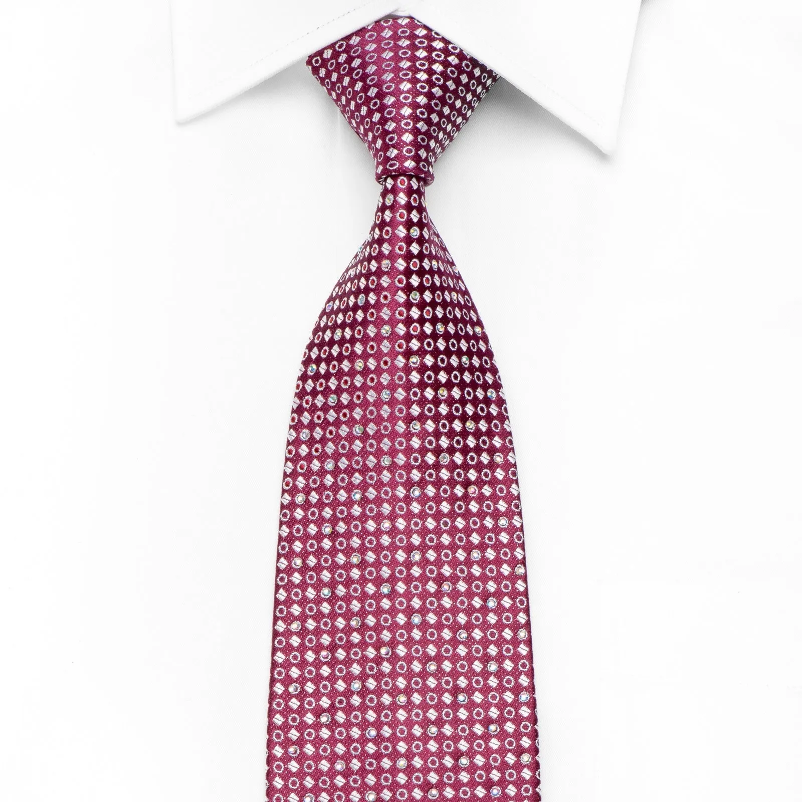 Pierre Cardin Men's Crystal Silk Necktie Silver Micro Squares On Burgundy With Silver Sparkles