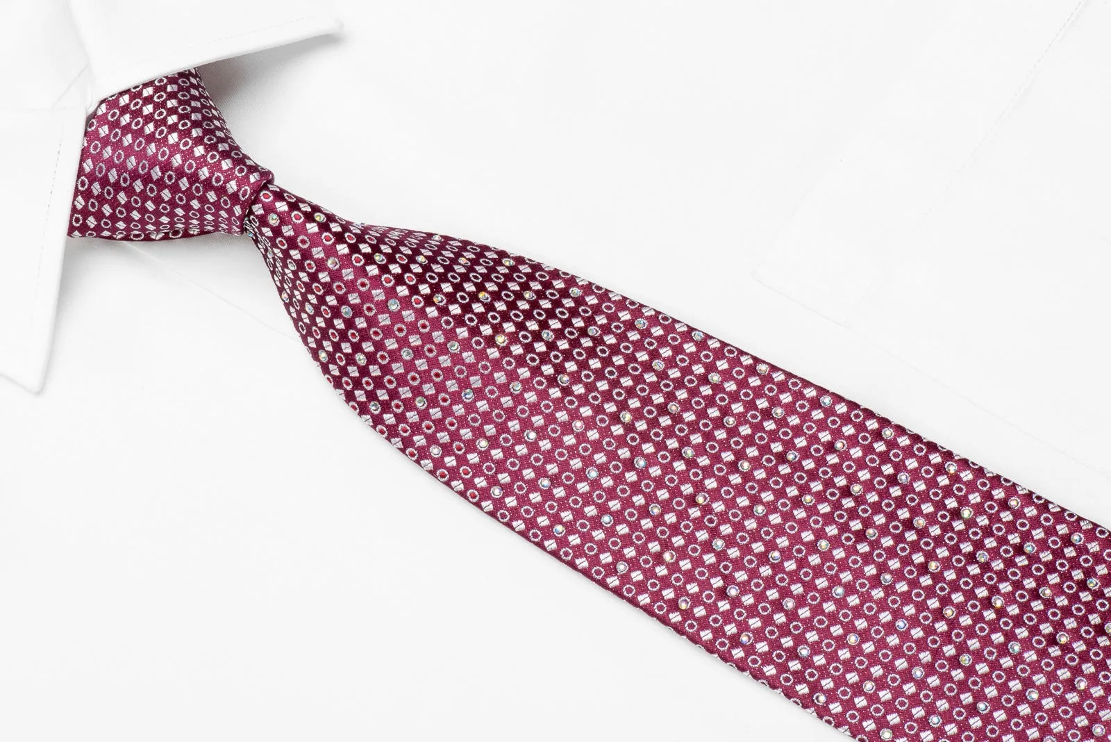 Pierre Cardin Men's Crystal Silk Necktie Silver Micro Squares On Burgundy With Silver Sparkles