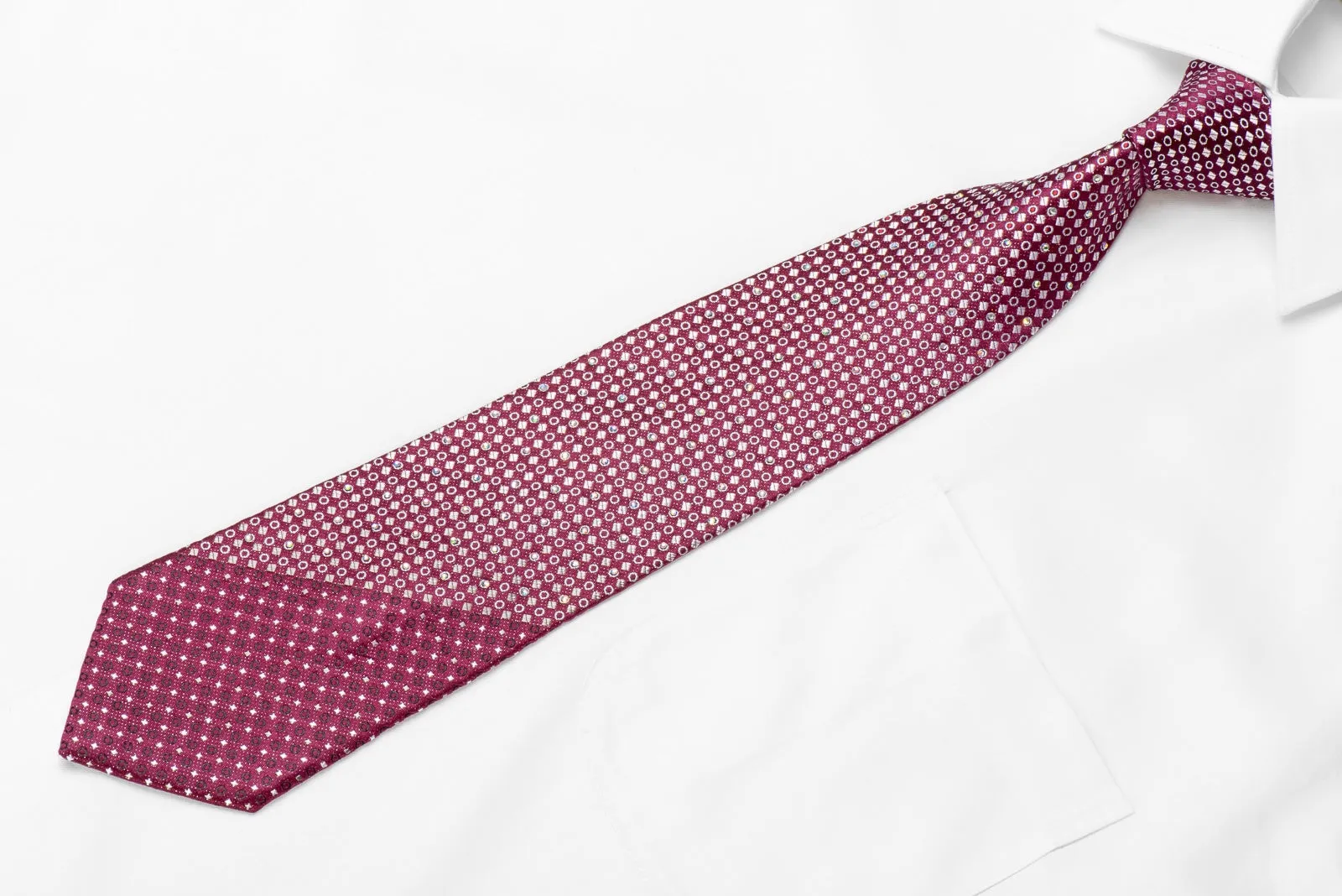 Pierre Cardin Men's Crystal Silk Necktie Silver Micro Squares On Burgundy With Silver Sparkles