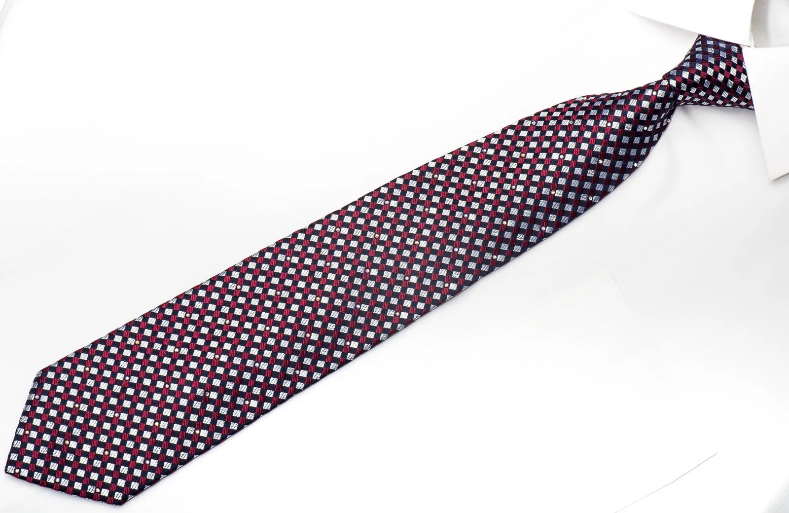 Pierre Cardin Men's Silk Necktie Silver Navy Burgundy Checkered Sparkling With Rhinestones