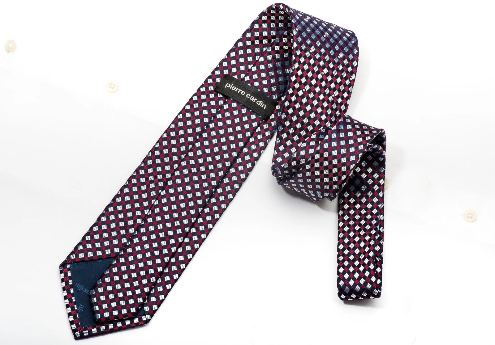 Pierre Cardin Men's Silk Necktie Silver Navy Burgundy Checkered Sparkling With Rhinestones