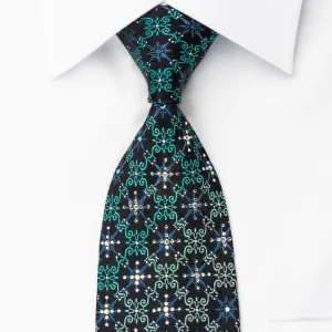 Pierre Cardin Rhinestone Silk Necktie Turquoise Cartouche On Blue With Sparkles