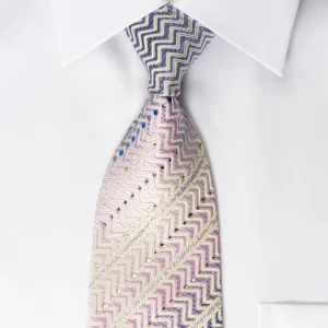 Pierre Cardin Silk Rhinestone Necktie Purple White Zigzag Striped With Silver Sparkles