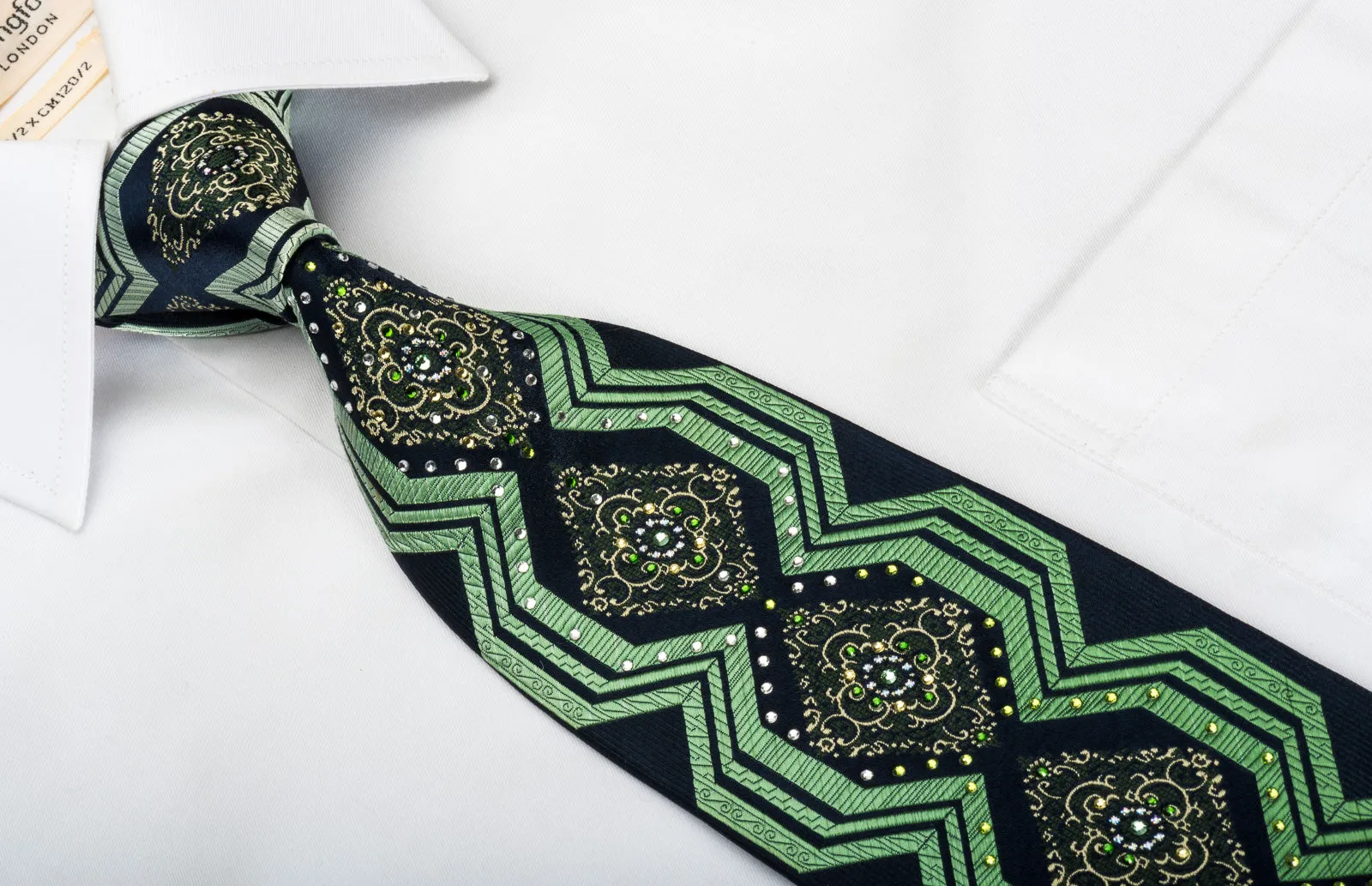 Pierre Cardin Silk Tie Green Geometric Cartouche With Rhinestones