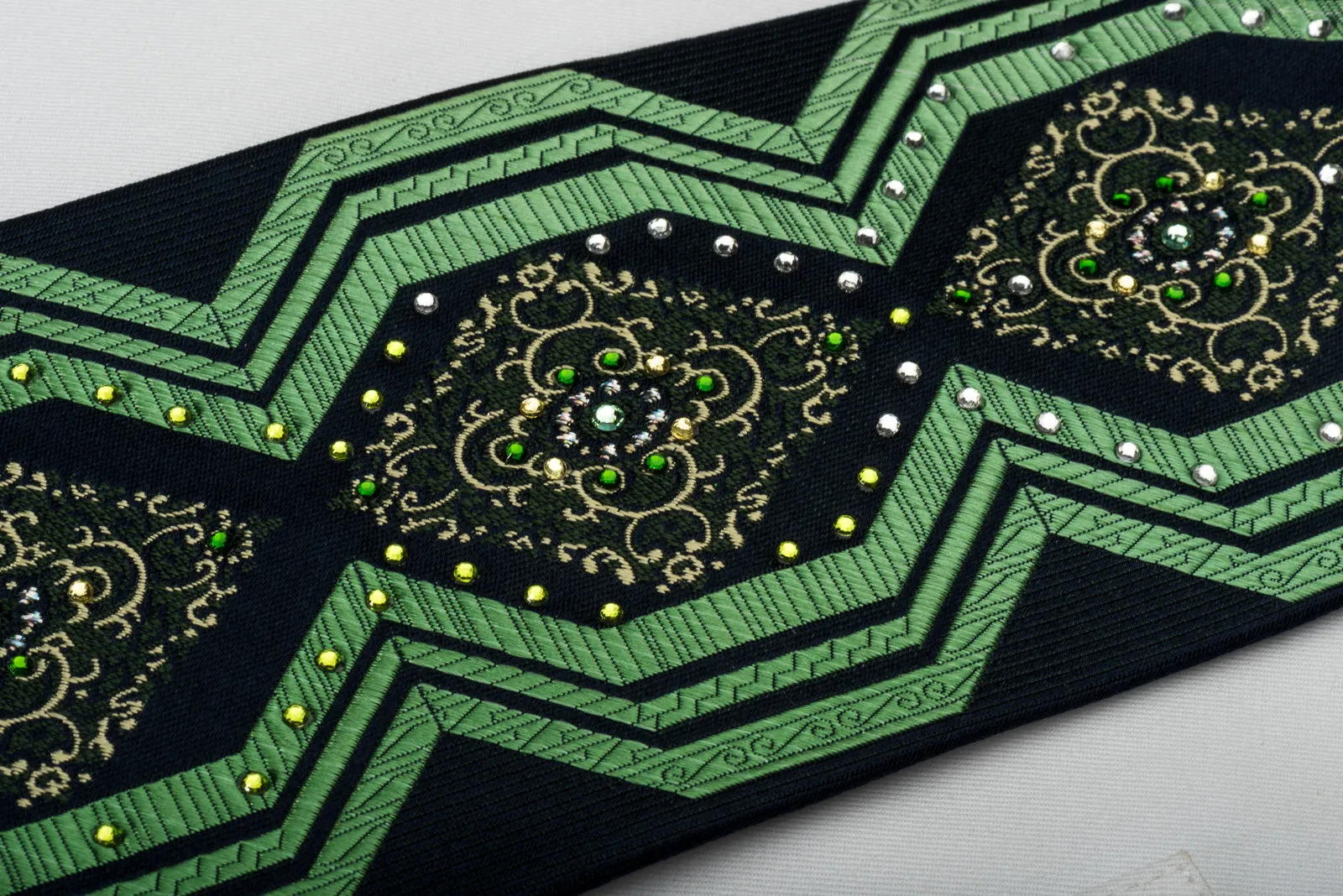 Pierre Cardin Silk Tie Green Geometric Cartouche With Rhinestones