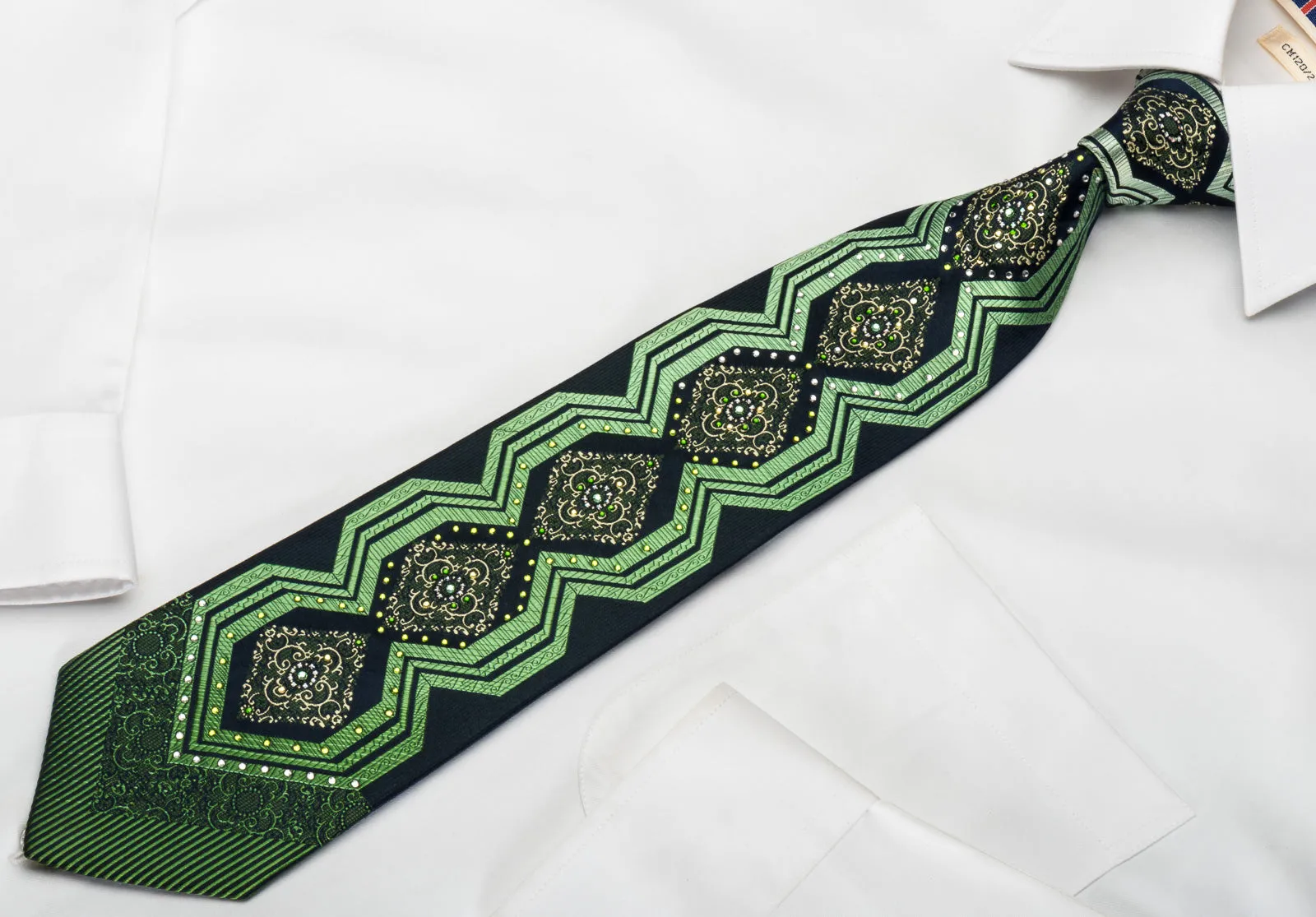 Pierre Cardin Silk Tie Green Geometric Cartouche With Rhinestones