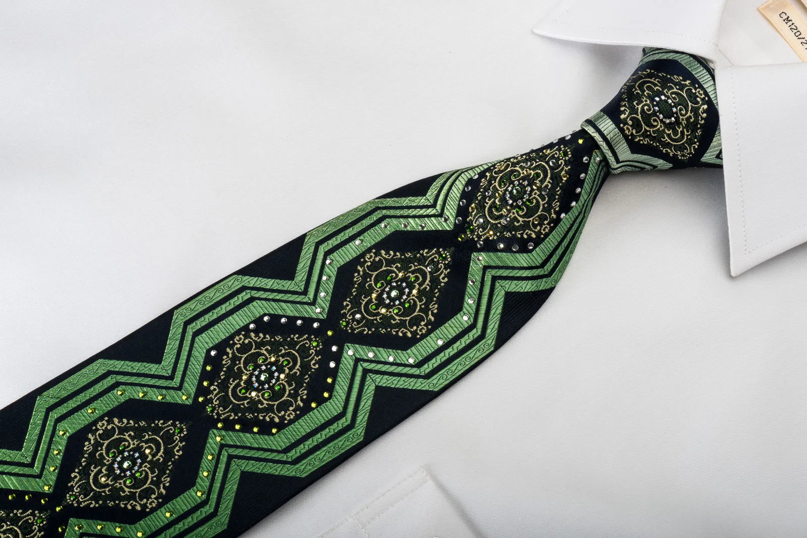 Pierre Cardin Silk Tie Green Geometric Cartouche With Rhinestones