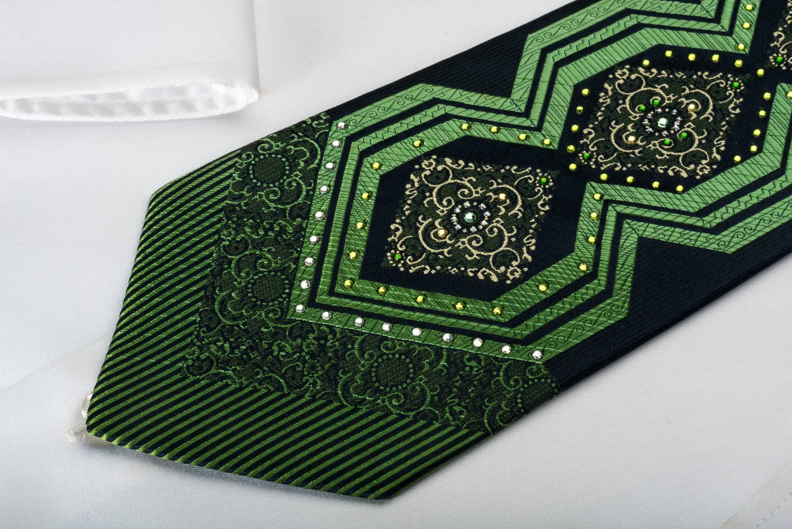 Pierre Cardin Silk Tie Green Geometric Cartouche With Rhinestones