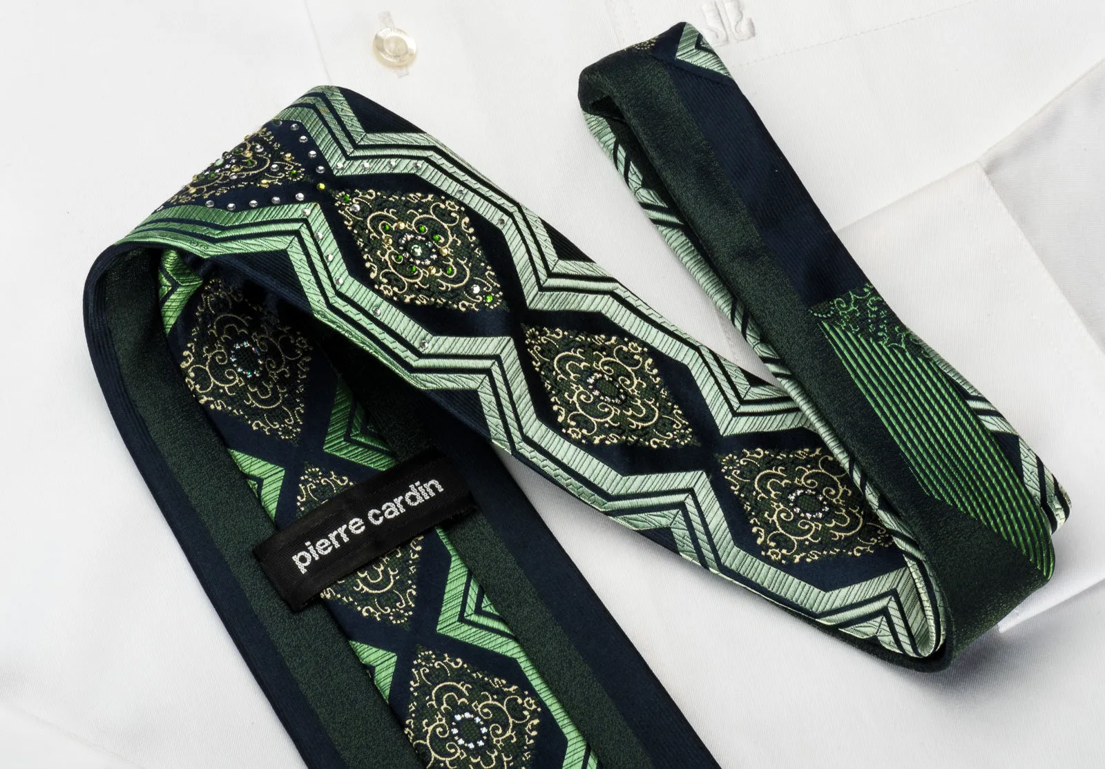 Pierre Cardin Silk Tie Green Geometric Cartouche With Rhinestones