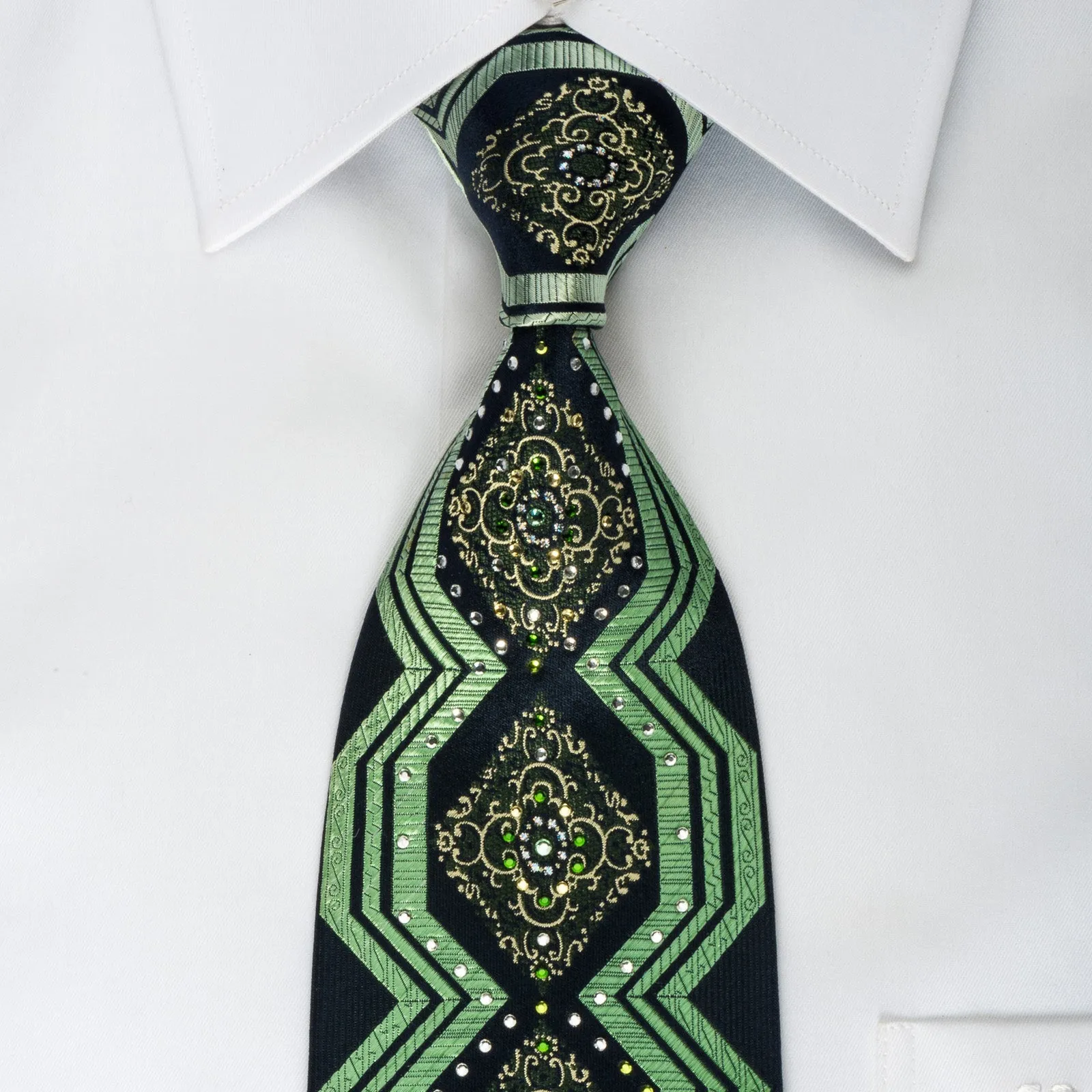 Pierre Cardin Silk Tie Green Geometric Cartouche With Rhinestones