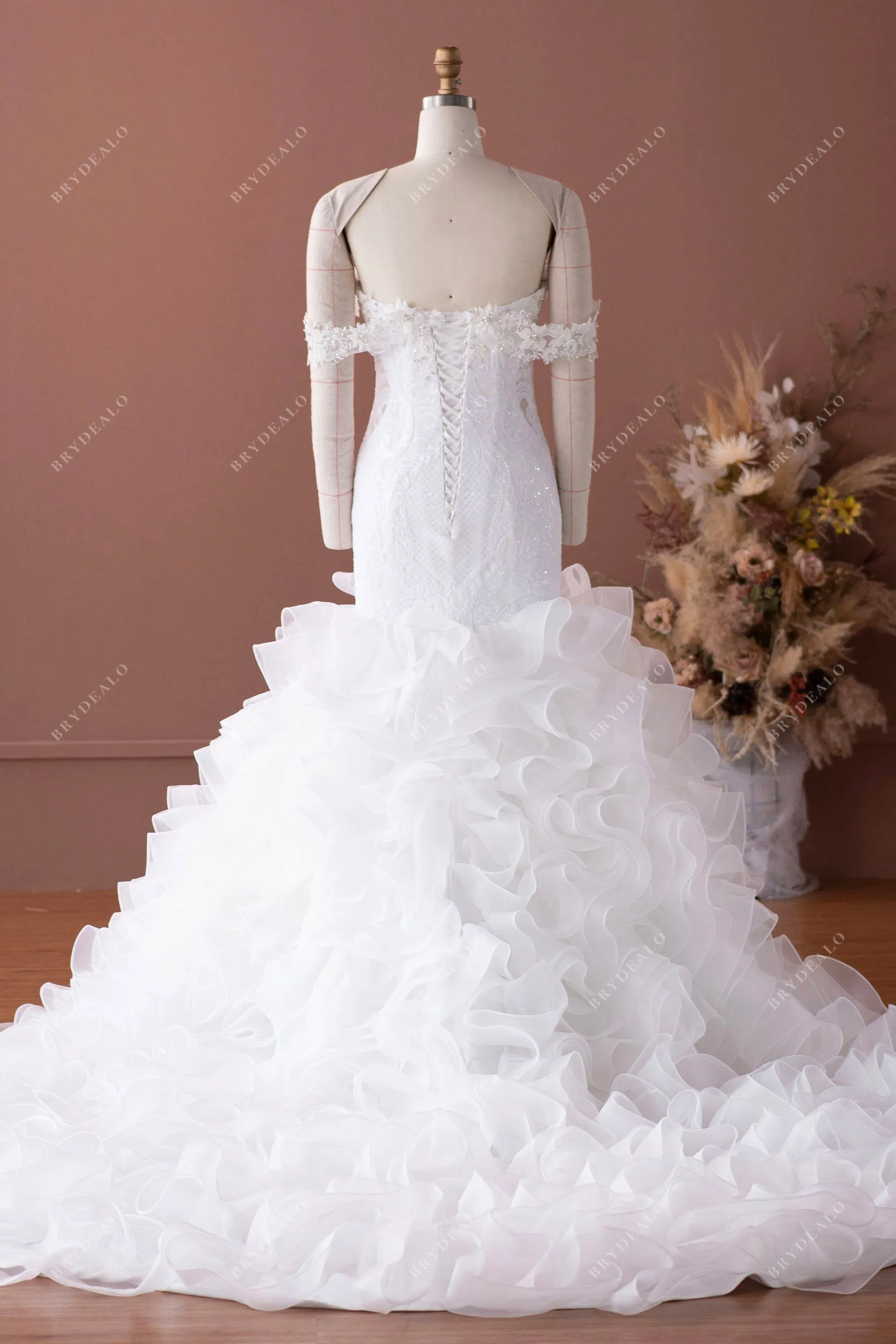 Plunging Unique Sequined Lace Ruffled Organza Trumpet Formal Gown