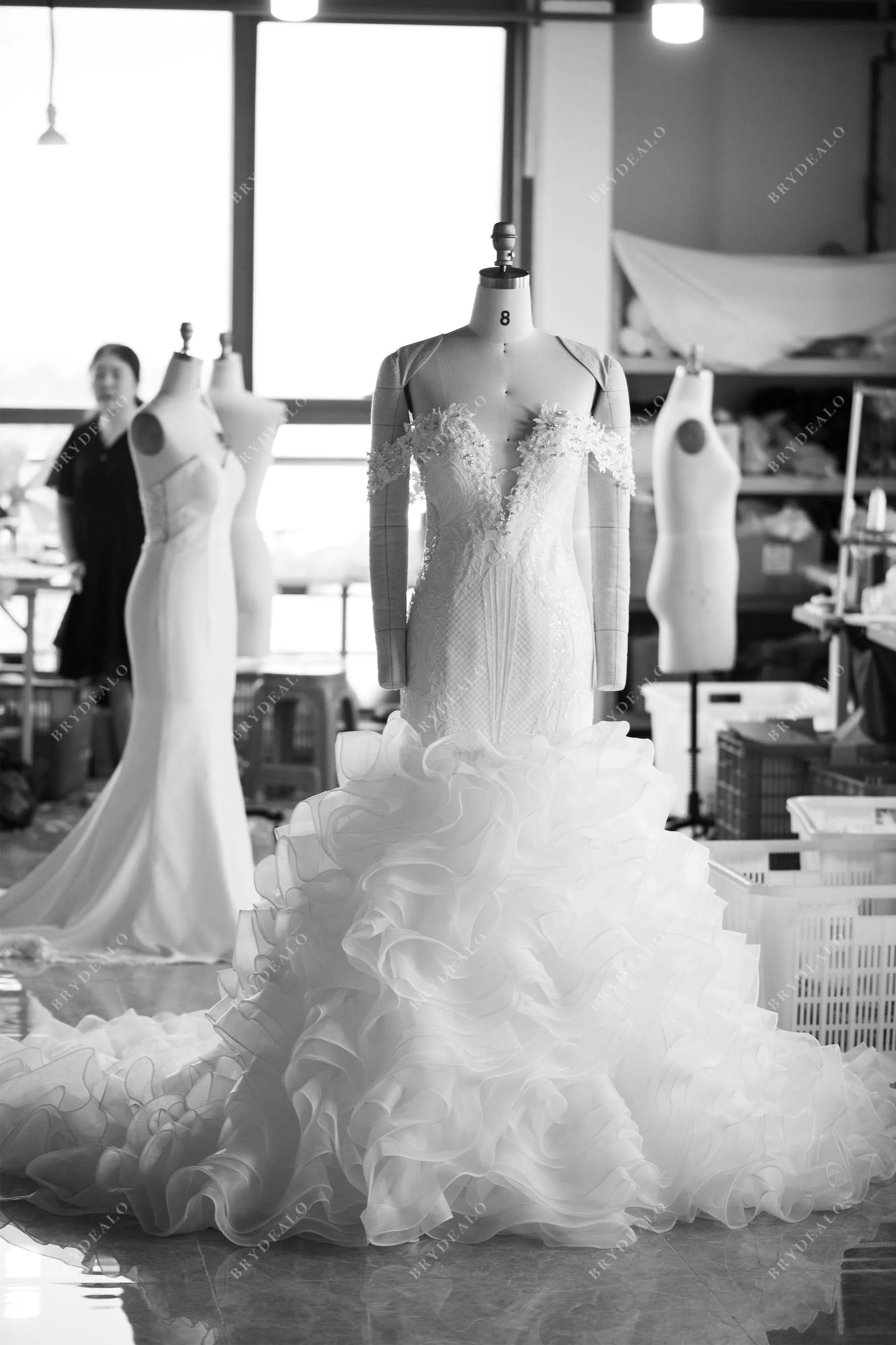 Plunging Unique Sequined Lace Ruffled Organza Trumpet Formal Gown