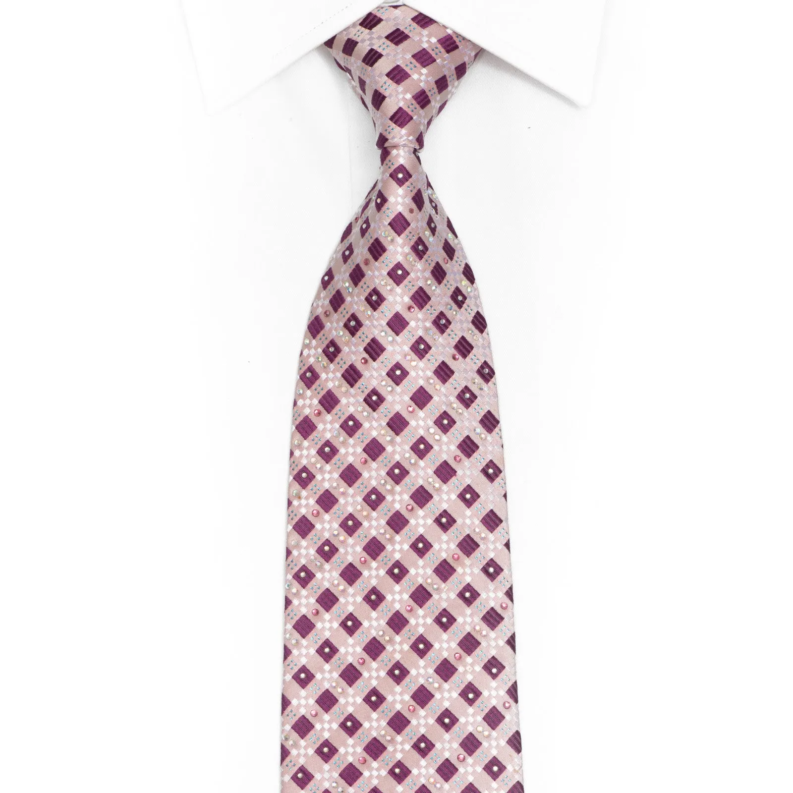 Purple Geometric On Pink Rhinestone Silk Necktie With Blue Sparkles