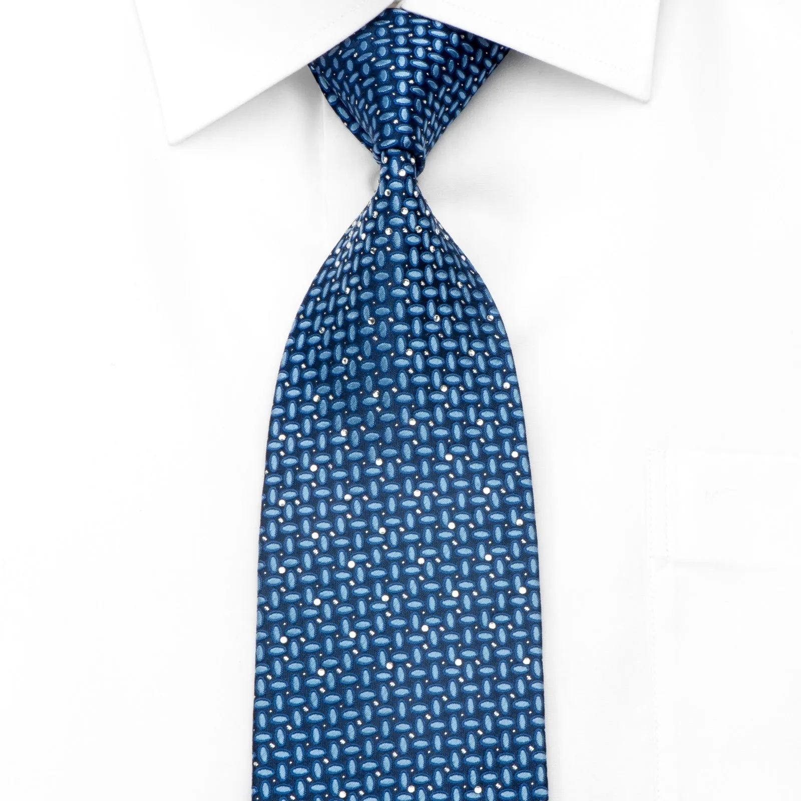 Renoma Men's Rhinestone Silk Necktie Ovals On Blue With Silver Sparkles