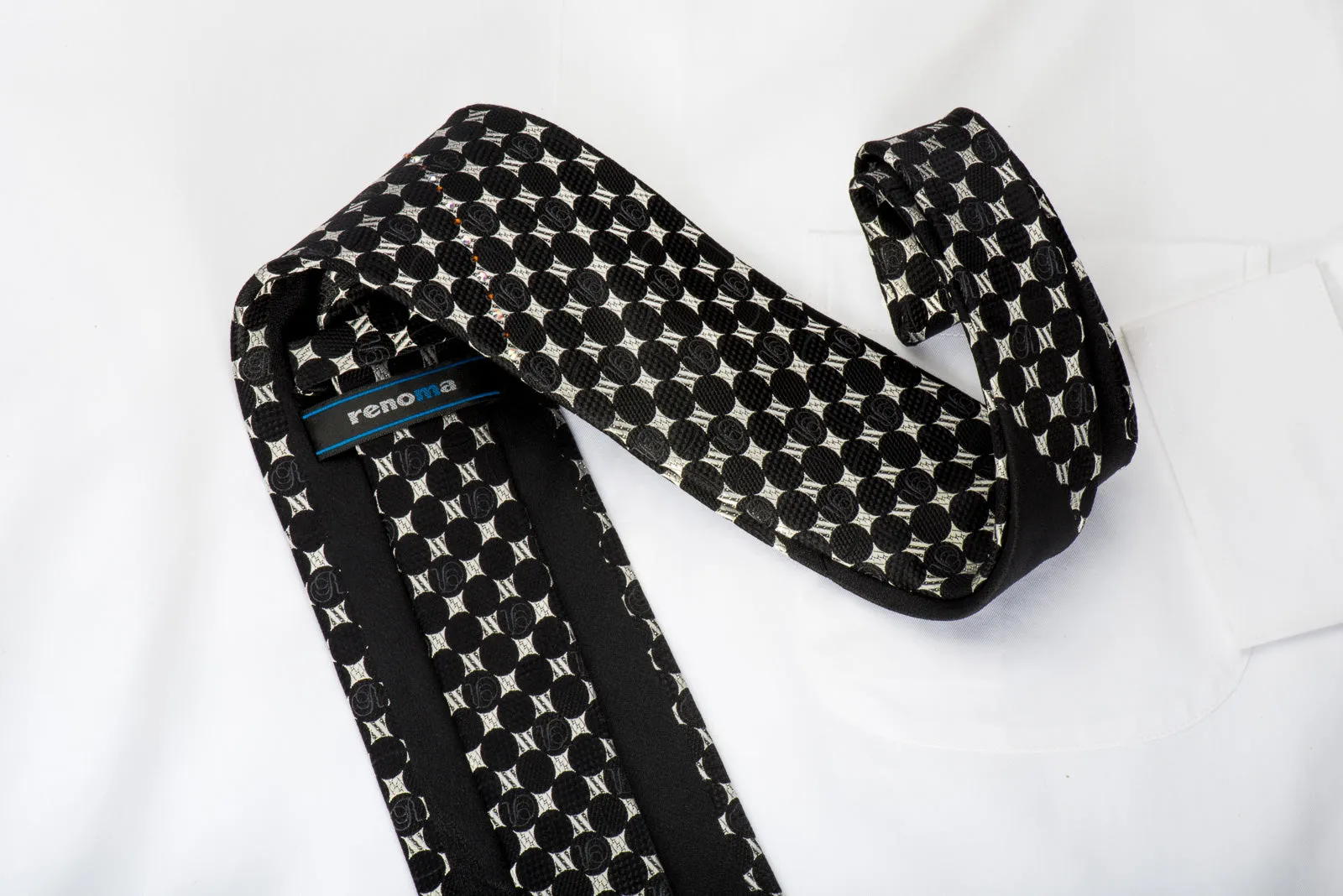 Renoma Rhinestone Necktie Black Geometric Dots On Silver With Sparkles