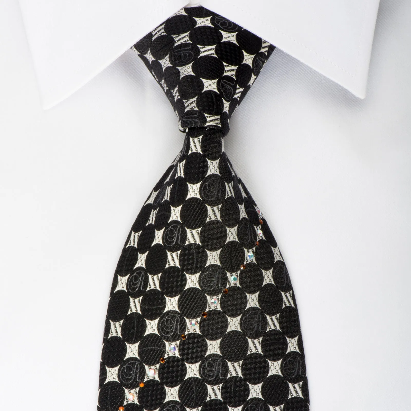 Renoma Rhinestone Necktie Black Geometric Dots On Silver With Sparkles