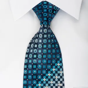 Renoma Rhinestone Silk Necktie Checkered On Blue With Silver Sparkles