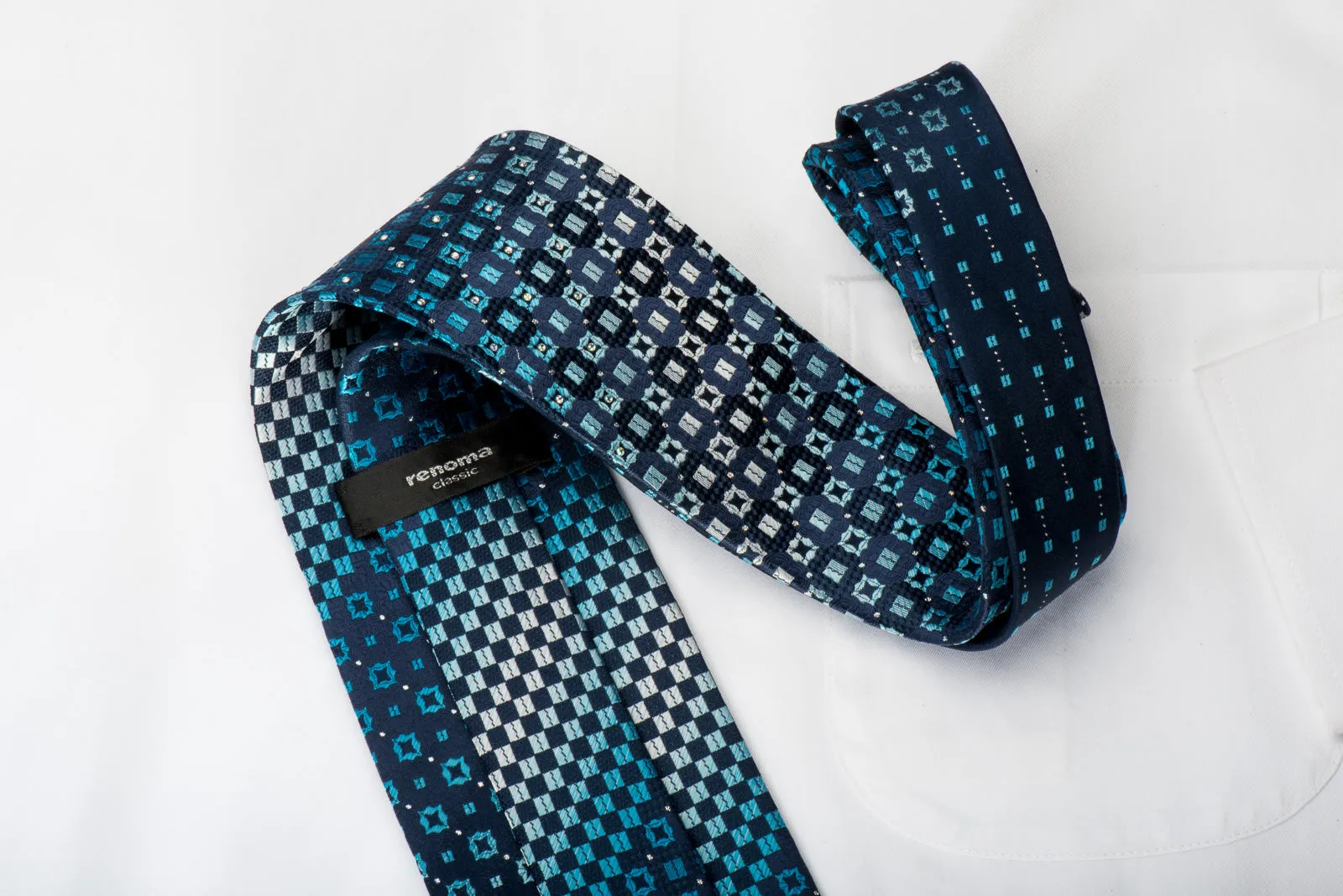 Renoma Rhinestone Silk Necktie Checkered On Blue With Silver Sparkles