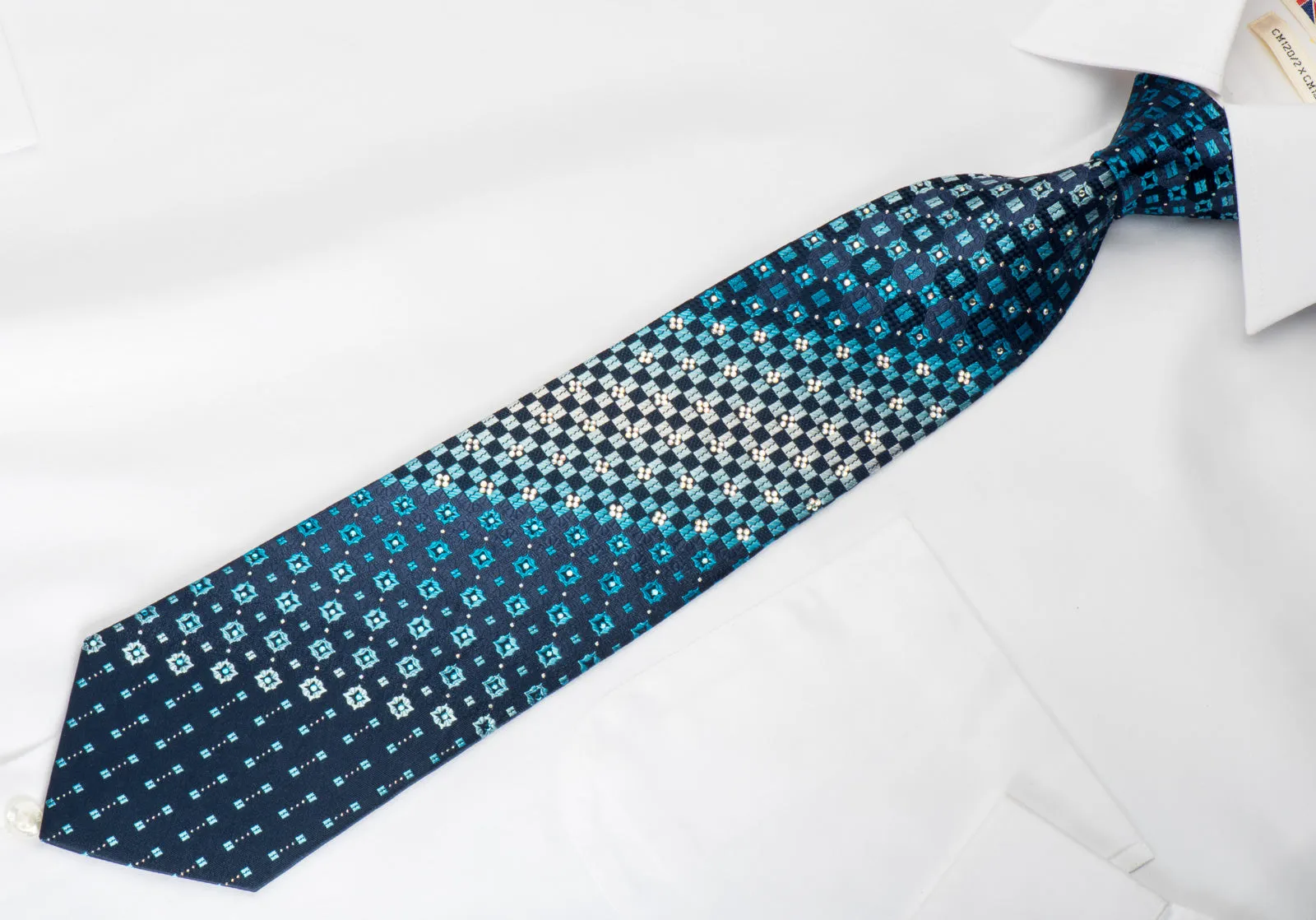 Renoma Rhinestone Silk Necktie Checkered On Blue With Silver Sparkles