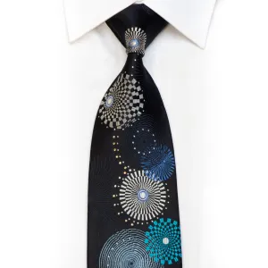 Renoma Rhinestone Silk Necktie Silver Blue Geometric