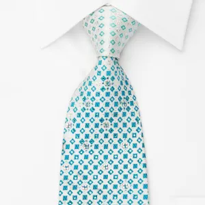 Renoma Silk Rhinestone Necktie Blue Silver Geometric On White With Silver Sparkles