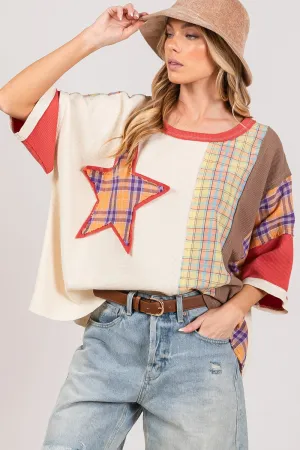 SAGE   FIG Round Neck Plaid Star Patch T-Shirt