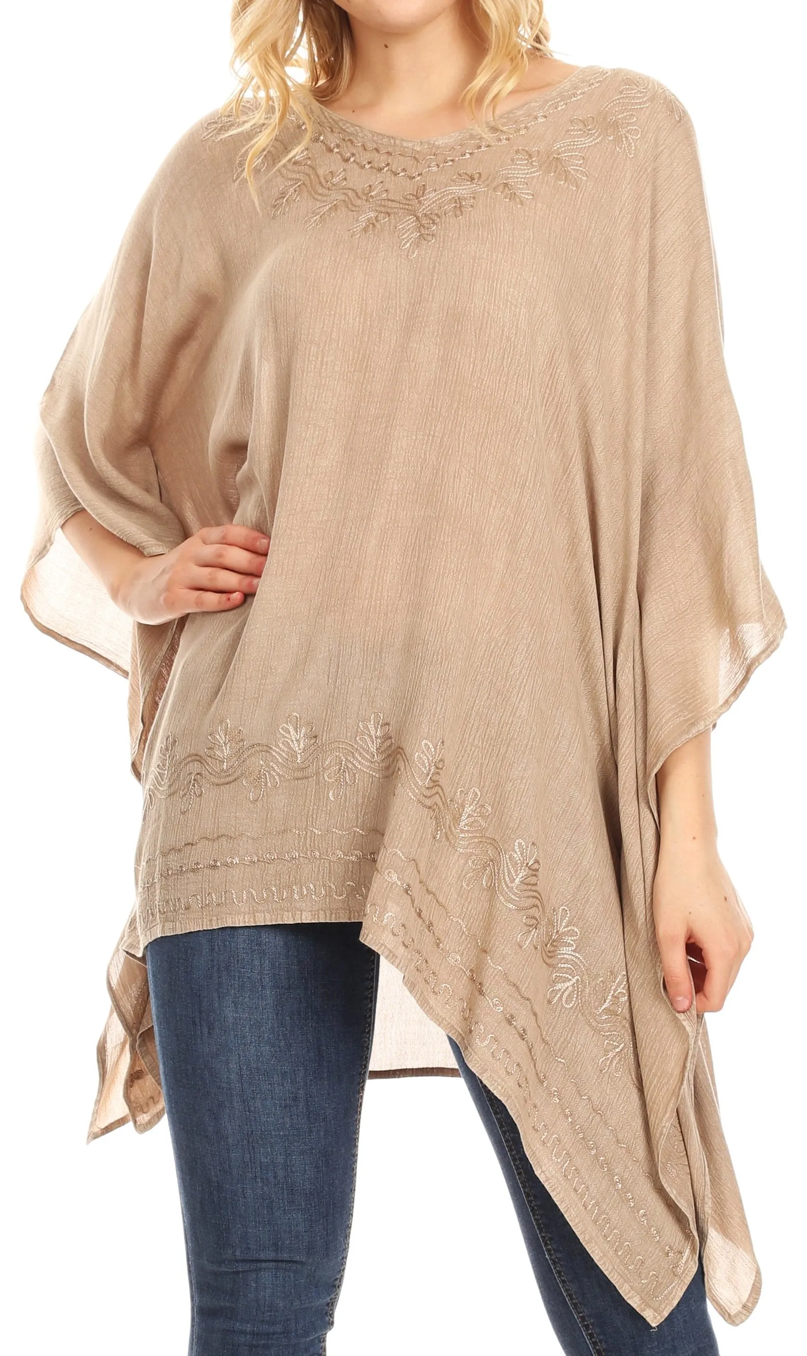 Sakkas Regina Women's Lightweight Stonewashed Poncho Top Blouse Caftan Cover up